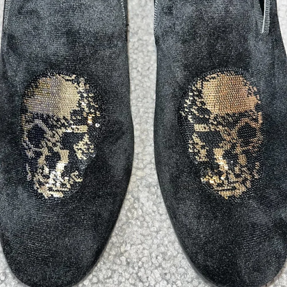 Sequin SKULL Black VELVET Slipper Shoes to wear for Halloween NWOT Men's 8